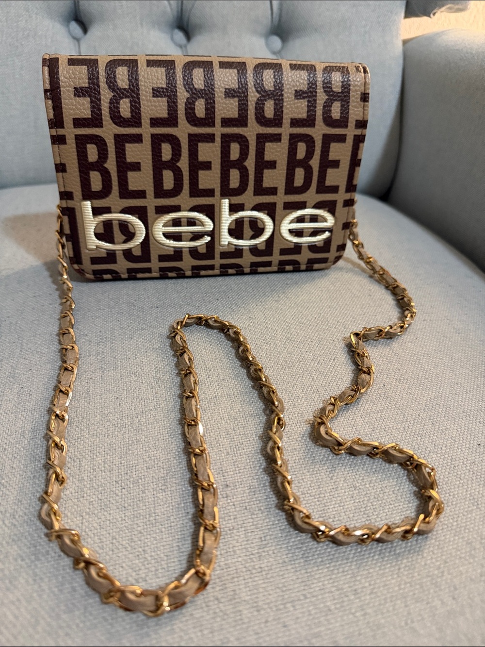 bebe Brown Logo Crossbody Bag with Gold Chain
